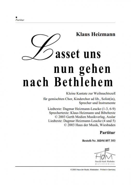 Lasset uns nun gehen nach Bethlehem Partitur